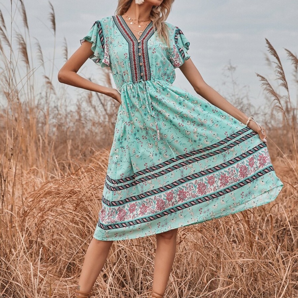 Boho Mint V Neck Button Ruffle Short Sleeve Dress - Picture 5 of 5